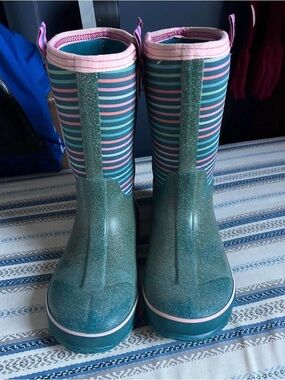 Lands' End Teal Glitter Stripe Rain Boots